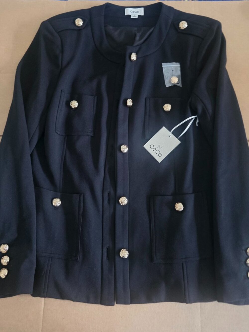CeCe Black Military Ponte Knit Blazer Jacket | Gold Buttons Size 8 NWT